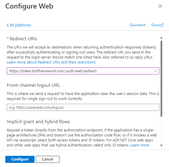 Capture d’écran montrant la page Configurer le web pour fournir des entrées.