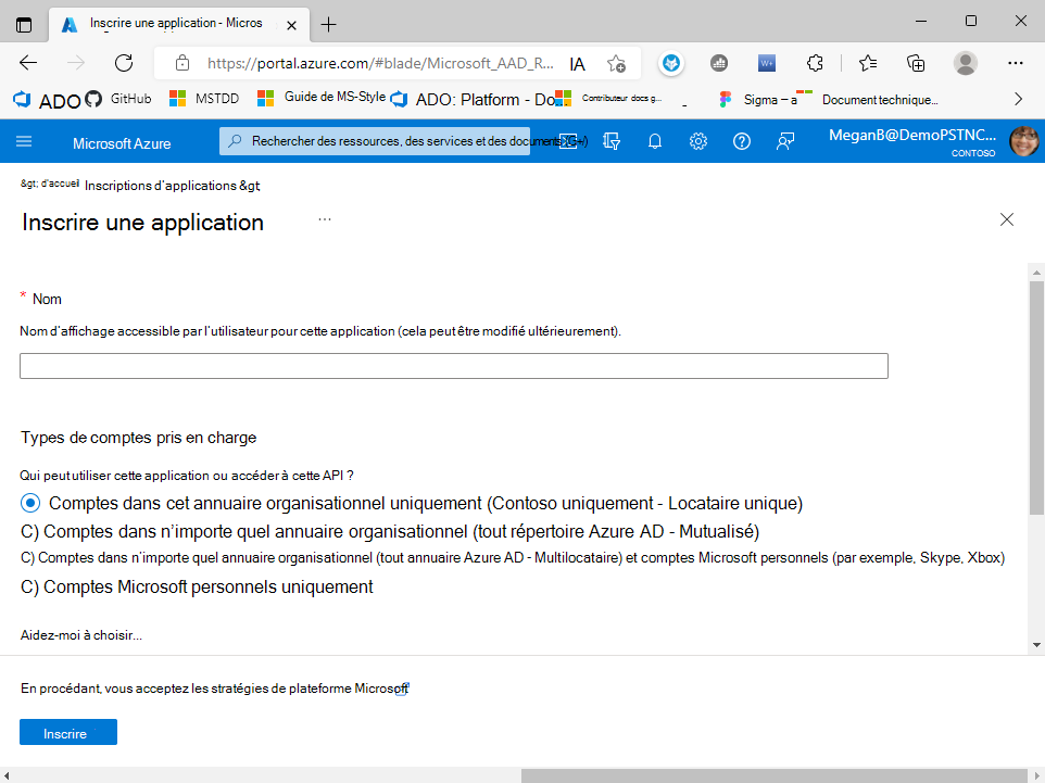 Page d’inscription d’application sur centre d’administration Microsoft Entra.