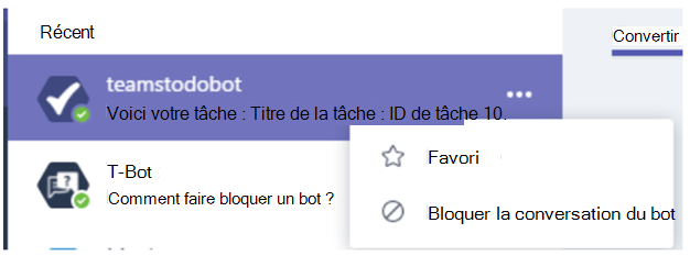 Capture d’écran montrant l’option bloquer la conversation de bot dans la conversation personnelle.