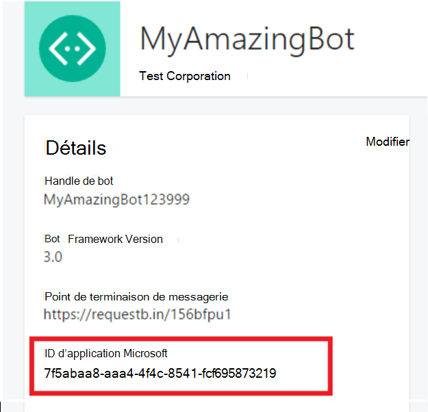Capture d’écran montrant l’ID de l’application Microsoft dans la page de détails.
