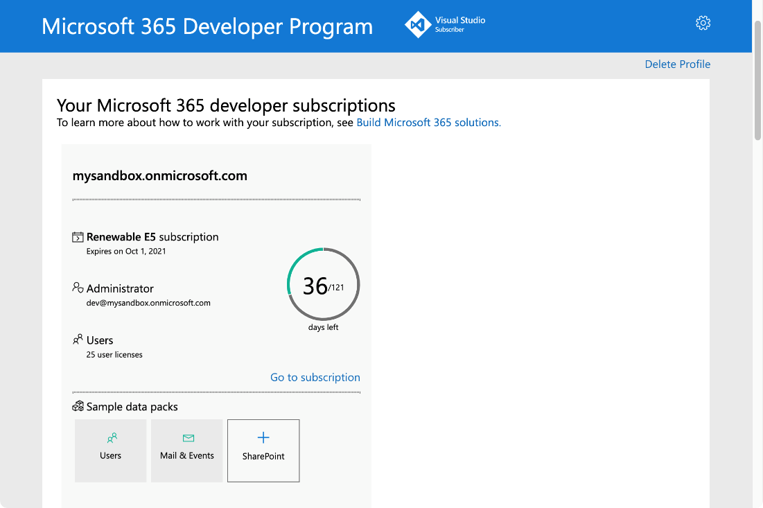 Capture d’écran montrant l’exemple de ce que vous voyez après vous être inscrit au programme microsoft 365 pour les développeurs.