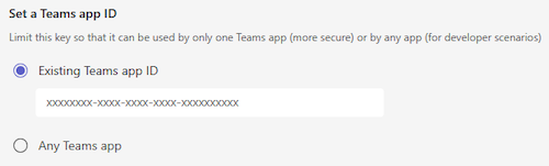 Capture d’écran montrant les options n’importe quelle application Teams et Application Teams existante sous Le titre Définir une application Teams dans le Portail des développeurs pour Teams.
