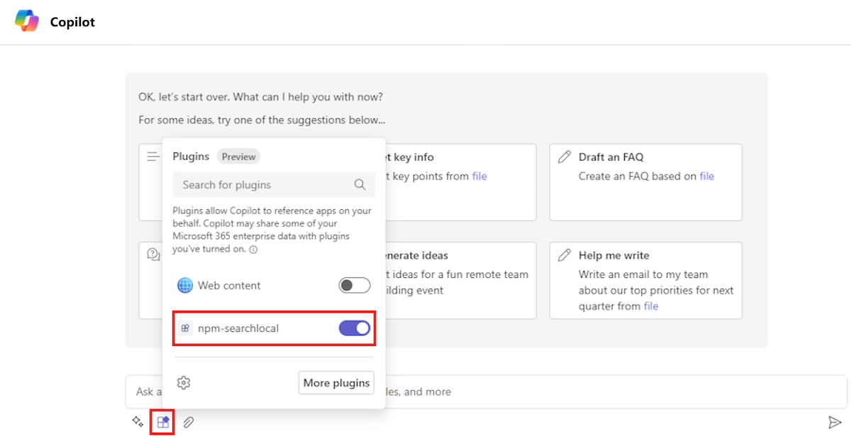 Capture d'écran illustrant l'option Plug-ins, la liste des plug-ins et le bouton bascule activé pour le plug-in bot-based-ME-test-local.