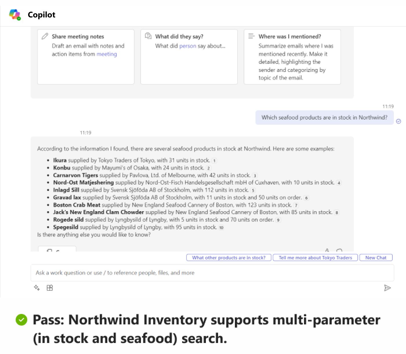 Capture d’écran montrant un exemple de scénario de réussite dans lequel l’application Northwind retourne une réponse pour un produit de la mer et des paramètres de stock.