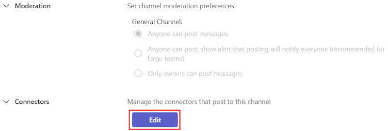 Capture d’écran montrant l’option d’édition sous l’option Connecteurs pour ajouter un webhook entrant.