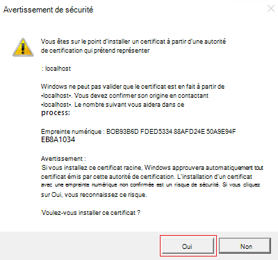 Capture d’écran montrant l’avertissement de sécurité avec l’option Oui mise en évidence en rouge.