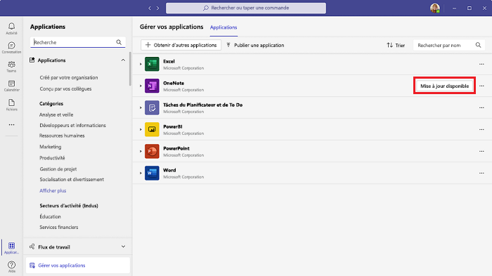 Capture d’écran montrant l’option permettant de sélectionner la mise à jour pour l’application Teams.