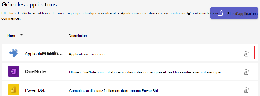 Capture d’écran de Gérer les applications affichant la liste des applications.