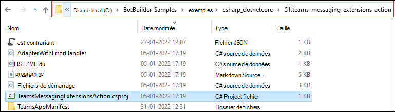 Capture d’écran du dépôt cloné avec TeamsMessagingExtensionsAction.csproj mis en évidence en rouge.