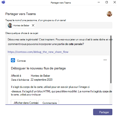 Capture d’écran montrant l’expérience de déploiement du lien Partager dans Teams.