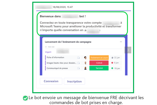 Le graphique montre un exemple de bot envoyant un message de bienvenue quand le bot a un workflow de configuration complexe.