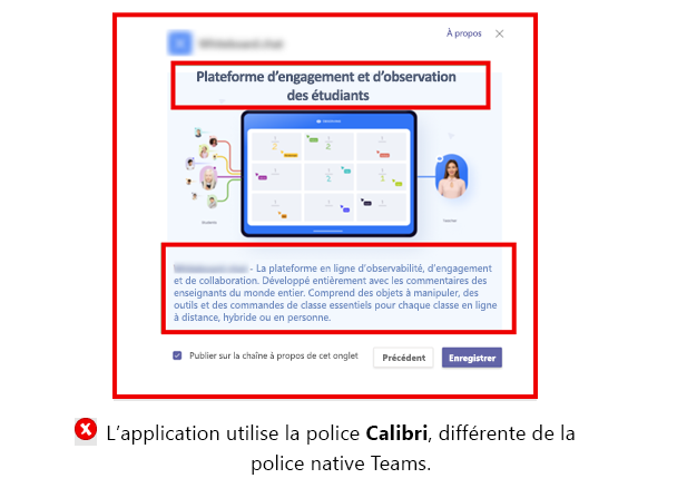 Capture d’écran montrant un exemple d’onglet avec une police calibri au lieu de la police Teams native.