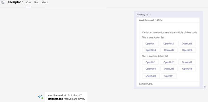 Capture d’écran montrant l’option d’envoi d’une image au bot et une réponse est reçue.