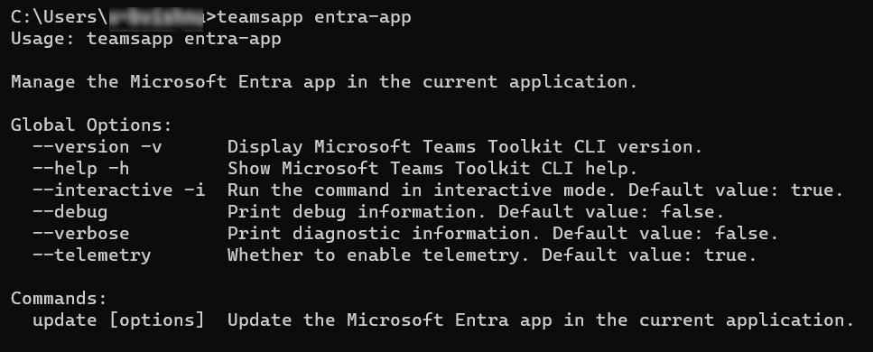 Capture d’écran montrant la commande teamsapp entra-app.