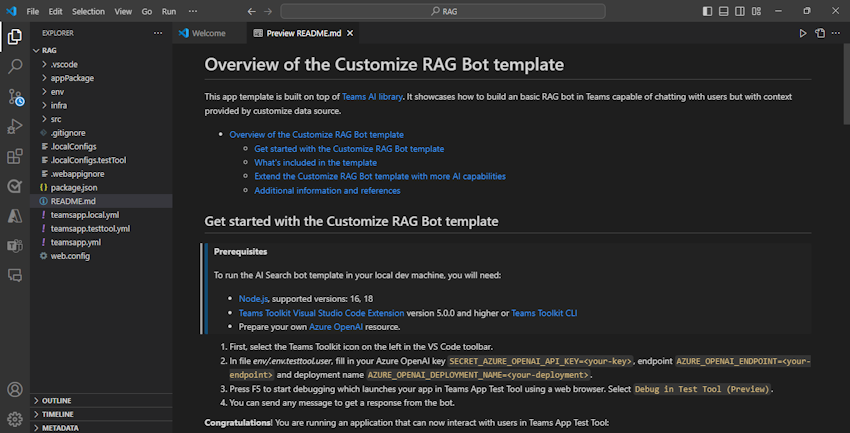 Capture d’écran montrant le chatbot ai créé et le fichier Lisez-moi est disponible.