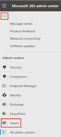Capture d’écran montrant l’option permettant de sélectionner Teams sous Centres d’administration.