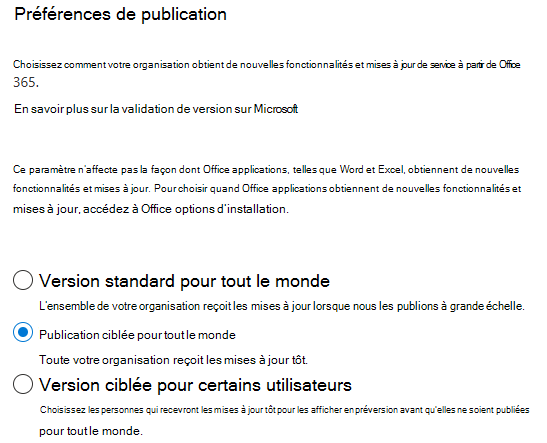 La capture d’écran est un exemple montrant le menu « Préférences de mise en production » du Centre d’administration Microsoft 365 avec l’option Mise en production ciblée sélectionnée.