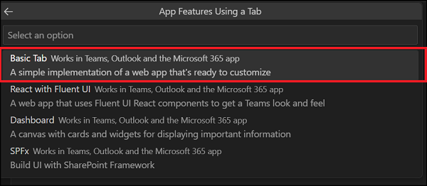 Capture d’écran montrant l’option Onglet De base mise en surbrillance pour créer une fonctionnalité d’application à l’aide d’un onglet.