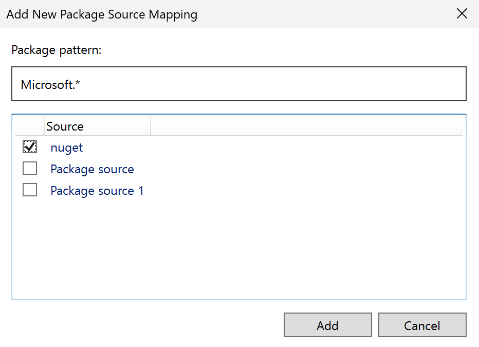 Boîte de dialogue Ajouter des mappages de sources de package avec un modèle de package rempli et une source de package sélectionnée.