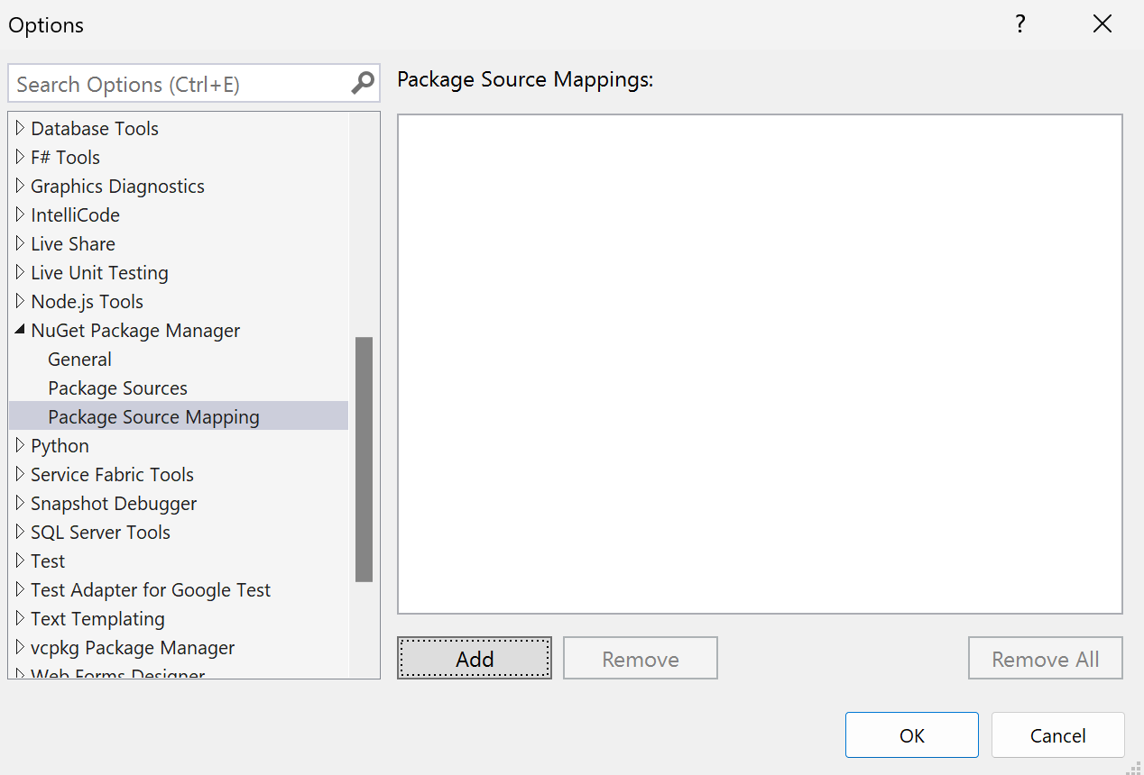 Boîte de dialogue Options de mappages de source de package de Visual Studio ne montrant aucun mappage de source de package, avec un bouton Ajouter pour créer un mappage.