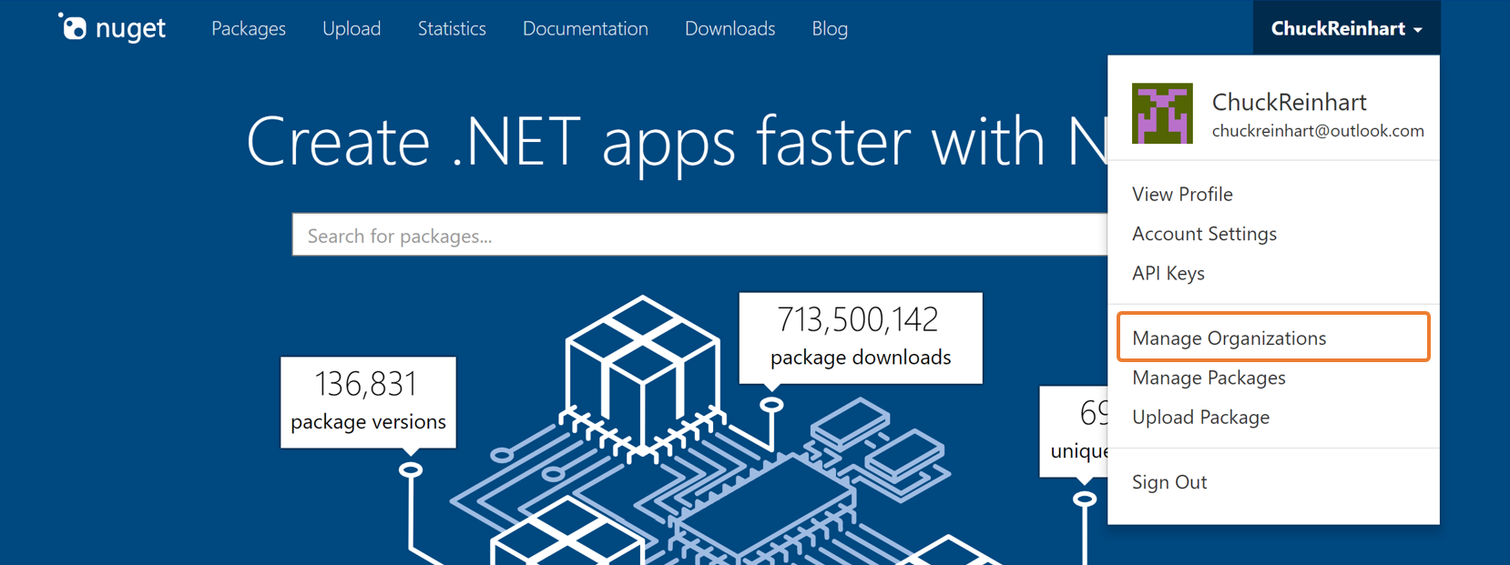 Option de menu Gérer les organisations sur NuGet.org