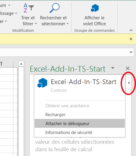 Menu Attacher le débogueur dans le volet Office du complément.