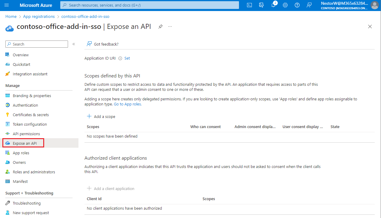 Volet Exposer une API d’une inscription d’application.