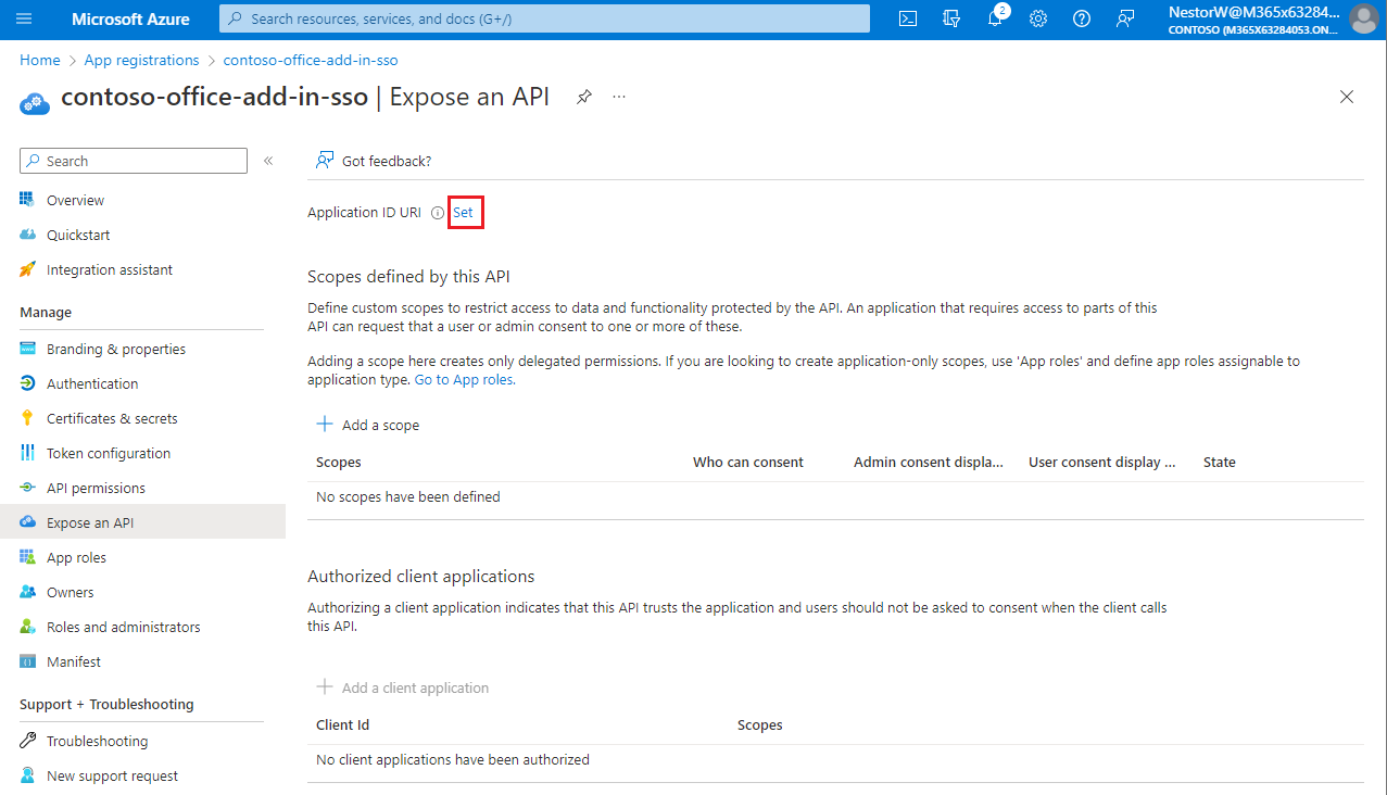 Bouton Définir dans le volet Exposer une API de l’inscription de l’application.