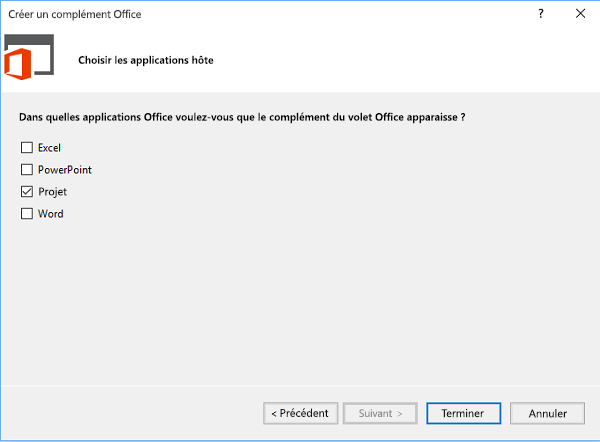 Choisissez Projet comme seule application hôte.