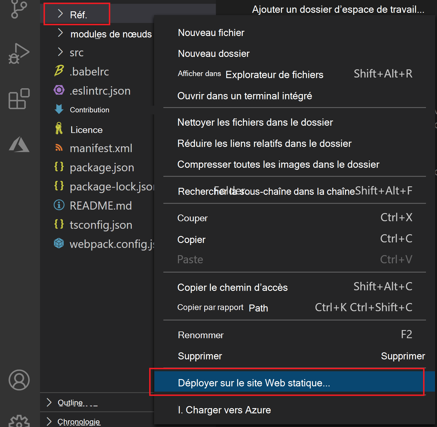 Sélectionnez le dossier dist, cliquez avec le bouton droit (ou sélectionnez et maintenez la touche), puis sélectionnez Déployer sur un site web statique via Stockage Azure.