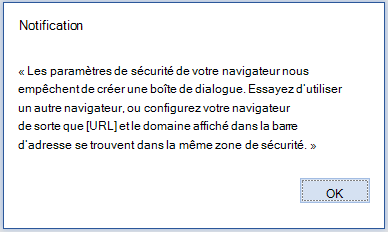 Message d’erreur de la boîte de dialogue affichant le texte indiqué précédemment.