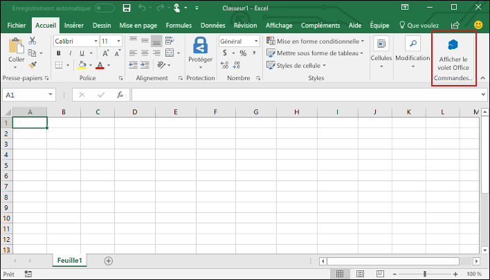 Menu Accueil d’ Excel, avec le bouton Afficher le volet Office mis en évidence