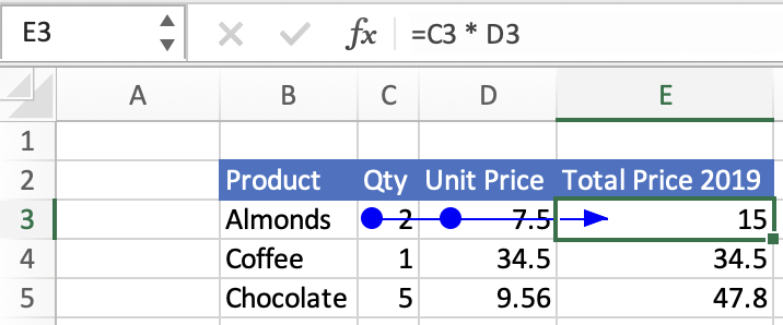 Flèche de traçage des cellules précédentes dans l’interface utilisateur Excel.