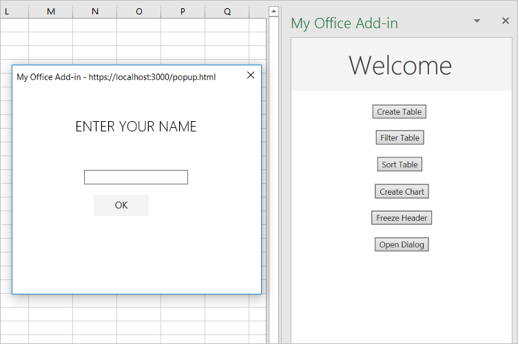 Excel avec un bouton Ouvrir la boîte de dialogue visible dans le volet Office du complément et une boîte de dialogue affichée sur la feuille de calcul.