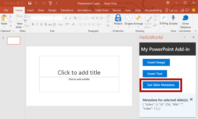 Le bouton Obtenir les métadonnées de la diapositive mis en surbrillance dans le complément.