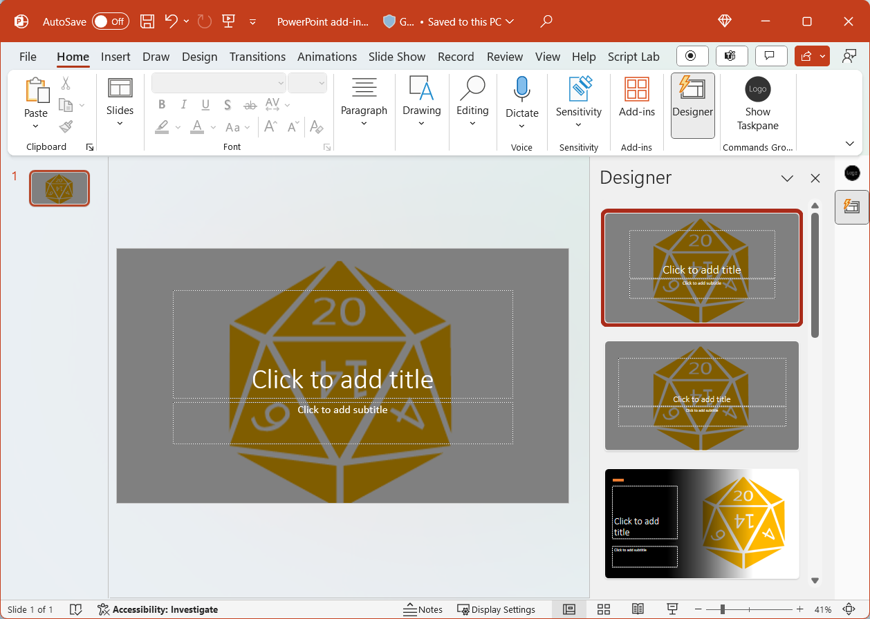 Diapositive de titre PowerPoint sélectionnée mise en évidence dans le complément.