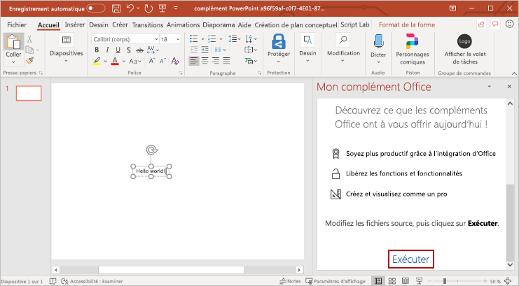 PowerPoint avec une image de chien et le texte « Hello World » affiché sur la diapositive.