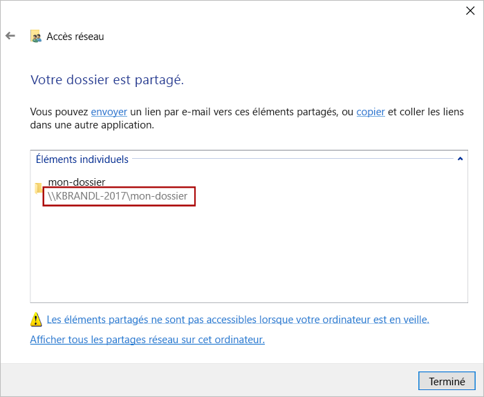 Boîte de dialogue d’accès réseau avec le chemin de partage mis en évidence.