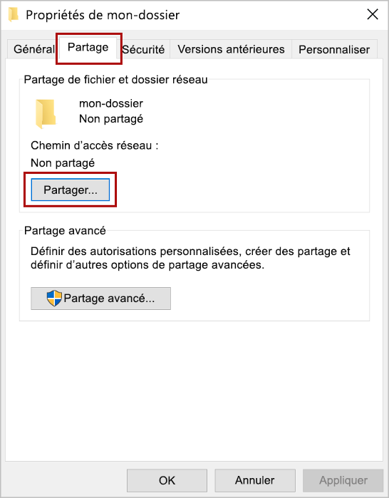 Boîte de dialogue Propriétés du dossier avec l’onglet Partage et le bouton Partager mis en évidence.