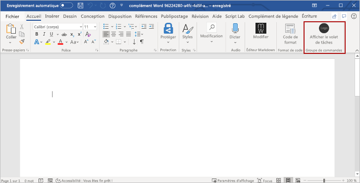 Bouton Afficher le volet Office mis en évidence dans Word.