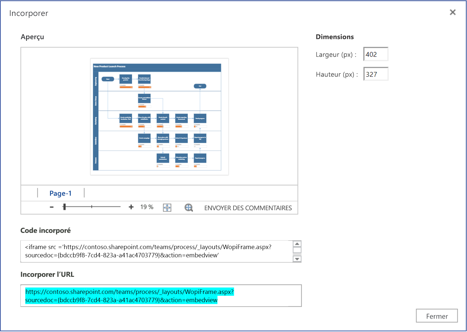 Copiez l’URL du fichier Visio à partir de la boîte de dialogue Incorporer.