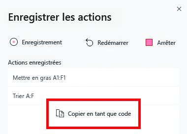 Volet des tâches de l’enregistreur d’actions avec le bouton « Copier en tant que code » en surbrillance.