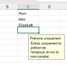 Une invite avec le titre « Prénoms uniquement » et le message « Entrez uniquement le prénom de l’employé, et non le nom complet . » en regard d’une feuille de calcul avec des noms dans des cellules.