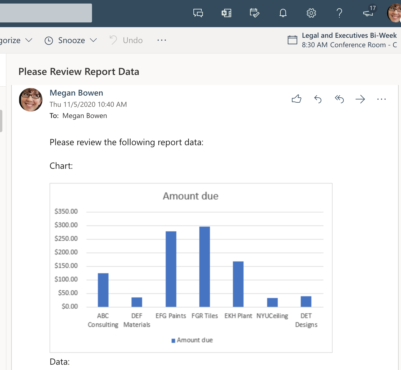 E-mail envoyé par le flux montrant le graphique Excel incorporé dans le corps.