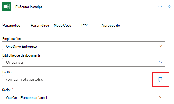 L’action Exécuter le script Power Automate montrant l’option Afficher le navigateur de fichiers du sélecteur.