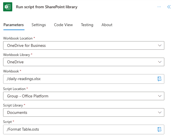 L’action Exécuter le script à partir de la bibliothèque SharePoint avec les champs terminés qui indiquent que l’emplacement du classeur est « OneDrive Entreprise », la bibliothèque de classeurs est « OneDrive », le classeur est « daily-readings.xlsx », l’emplacement du script est « Groupe - Plateforme Office », la bibliothèque de scripts est « Documents » et le script est nommé « Format table ».