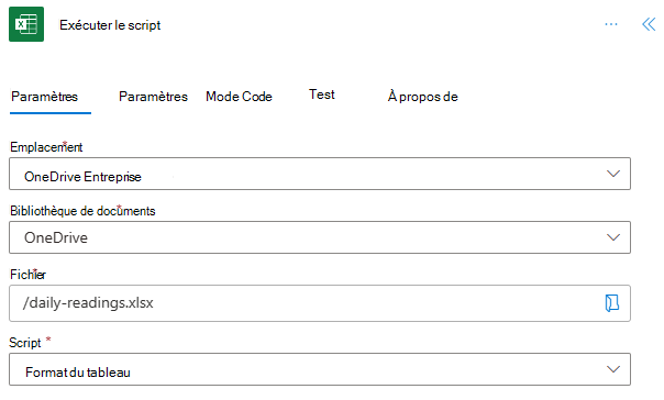 L’action Exécuter le script avec les champs terminés qui indiquent l’emplacement est « OneDrive Entreprise », la bibliothèque de documents est « OneDrive », le fichier est « daily-readings.xlsx » et le script est nommé « Format table ».