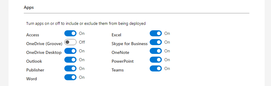 Capture d’écran des options de configuration de l’Assistant Installation du client Office montrant les bascules permettant d’inclure ou d’exclure le déploiement d’applications telles que Skype Entreprise, Outlook et Excel.