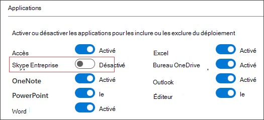 Capture d’écran des options de configuration dans l’outil de personnalisation Office montrant des bascules pour inclure ou exclure des applications telles que Skype Entreprise, Outlook et Excel du déploiement.