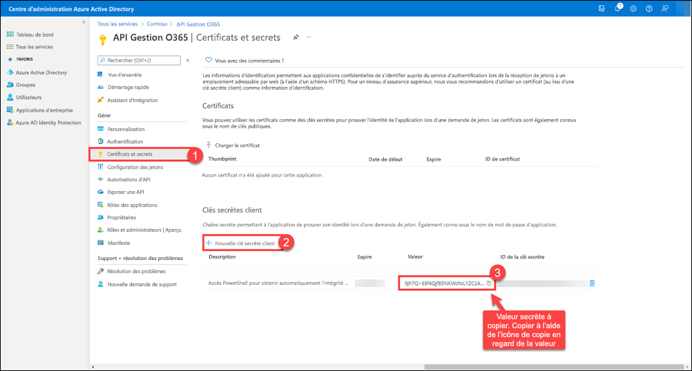 Copiez la valeur secrète du client dans le presse-papiers et enregistrez-la pour une utilisation ultérieure